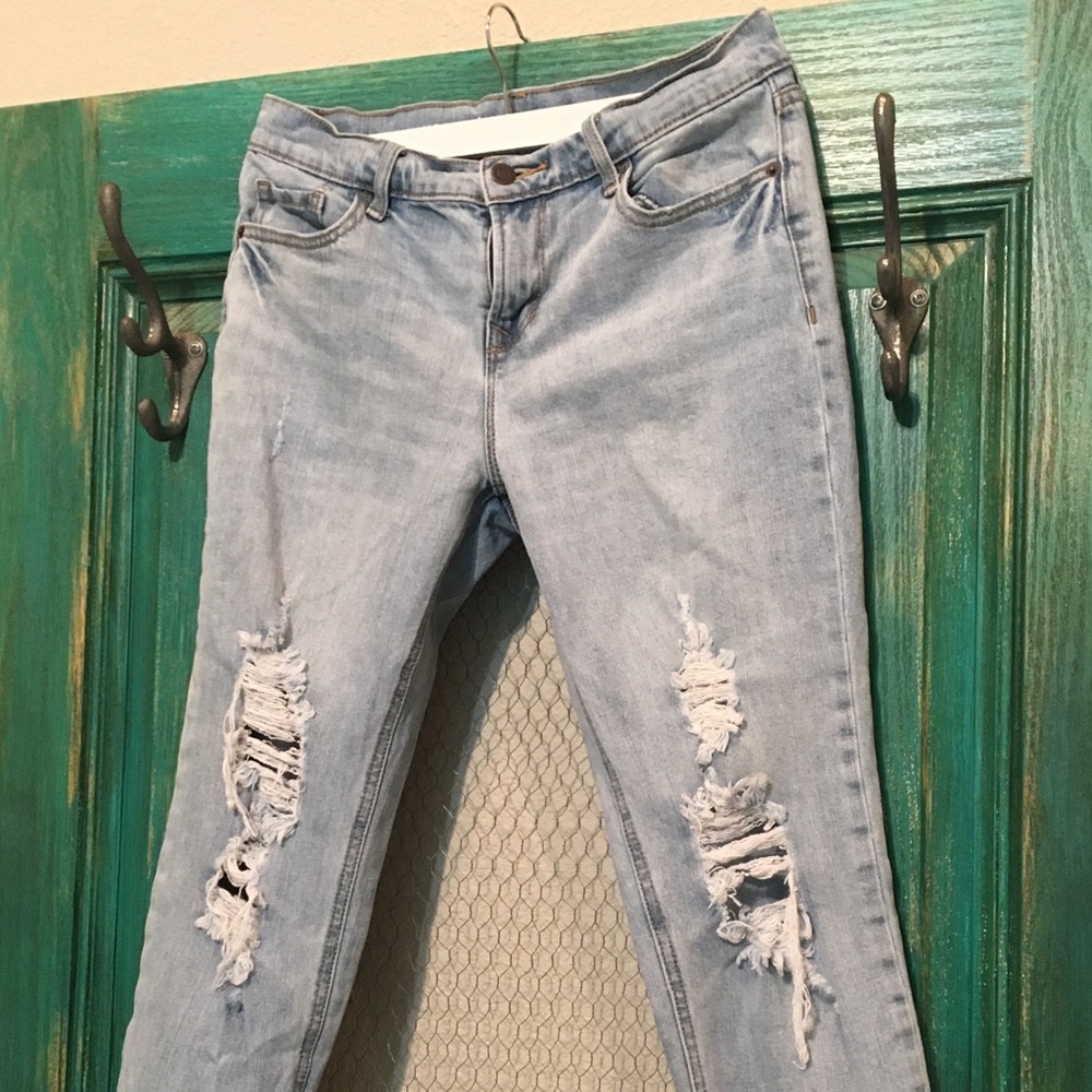 Crop length destructed boyfriend fit jeans